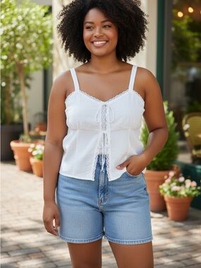 Women's White Lace-Trim Camisole with Front Tie
